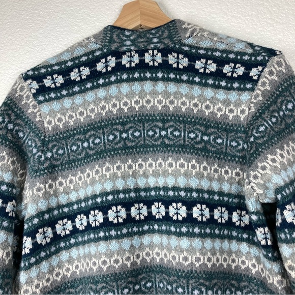 J. Jill Long Cardigan Fair Isle Patch Pocket Open Front Duster Small Petite Blue - Picture 12 of 16